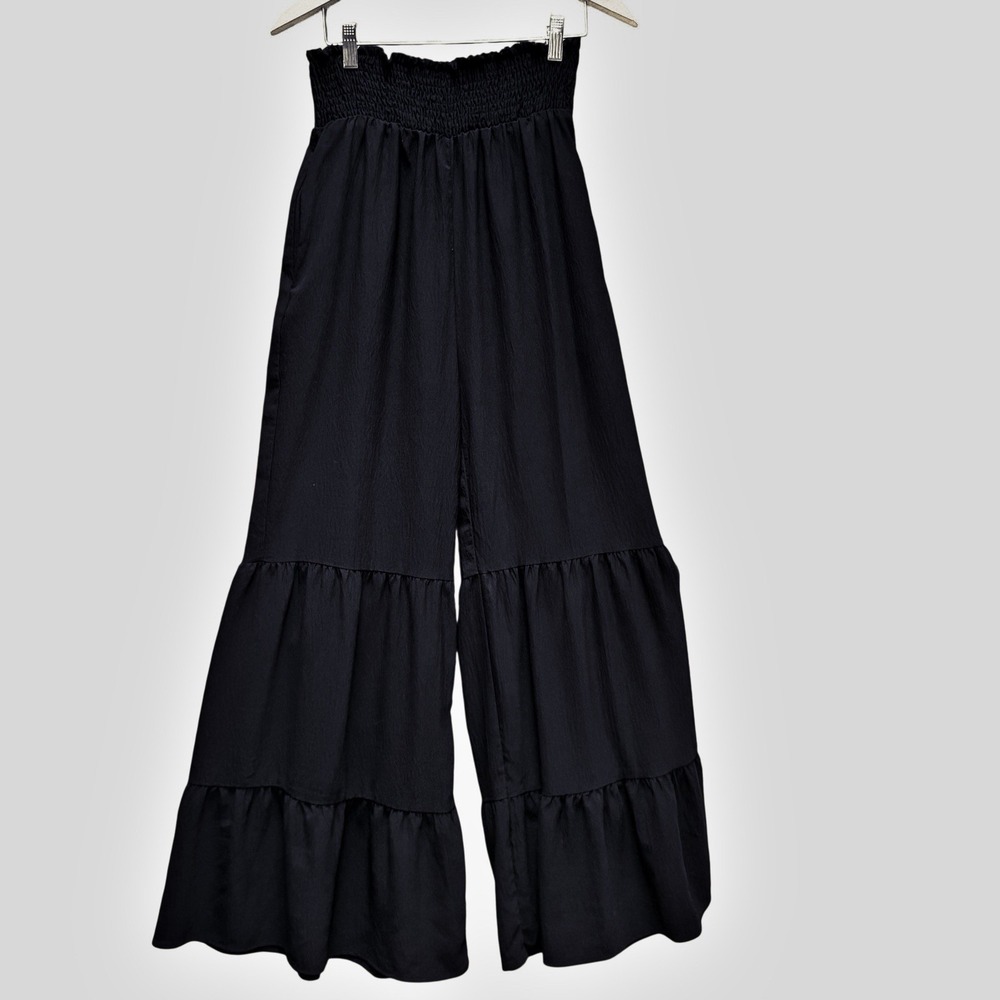 ODDY Black Ruffle Tiered Wide Leg Pants High Waist Flowy Fairy Whimsigoth SM - Picture 2 of 8